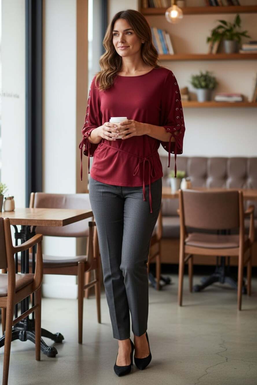 Women Boatneck Lace Up Trim Eyelet Sleeve Blouse Crimson Red